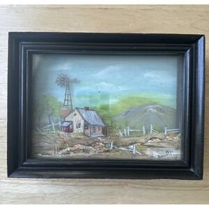 VTG Allie Boswell Oil‎ Painting 8x6x2 Inch 3D Texas Barn Windmill Country Scene